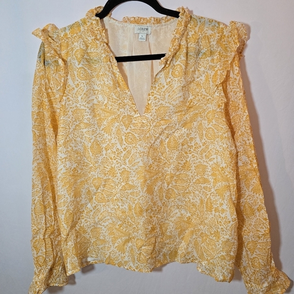 J. Crew Tops - J Crew Factory Yellow Paisley Floral Lined Ruffle Sleeve V Neck Blouse, Sz L